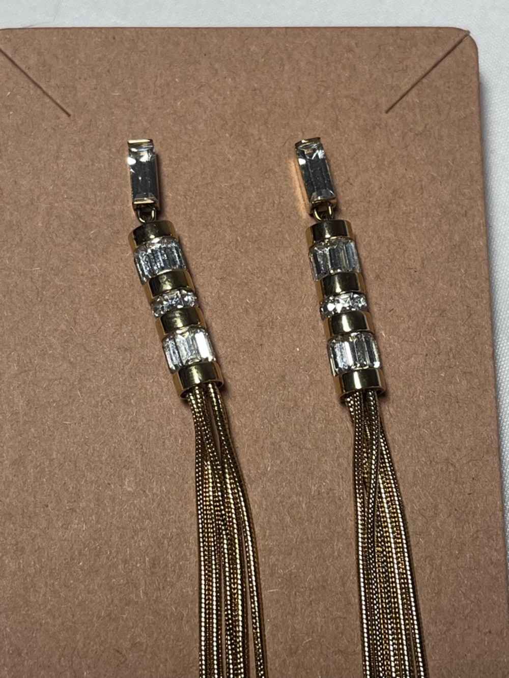 Michael Kors Gold Tassel Drop Earrings with Clear Crystal Baguettes - Picture 2 of 4